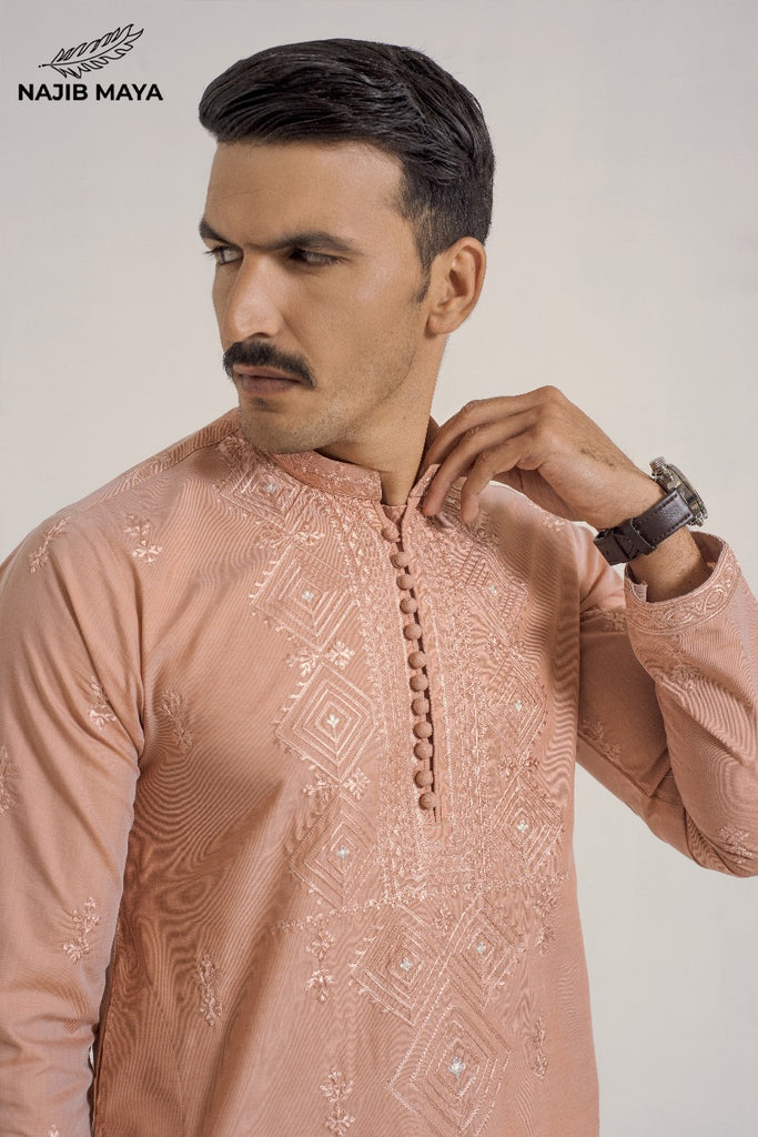 Powder Ovaltine Stylish Embroidered Kurta Pajama For Men's