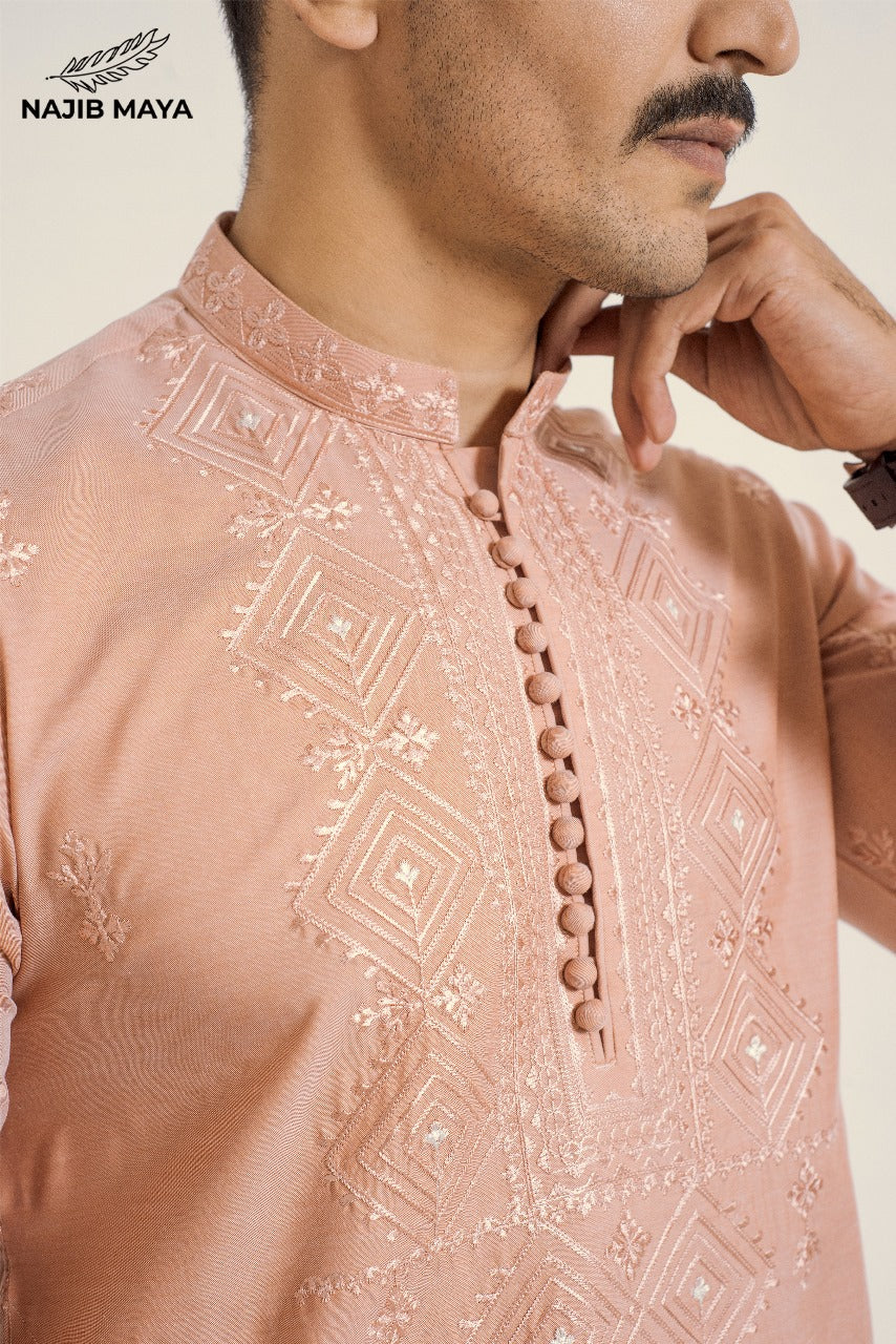 Powder Ovaltine Stylish Embroidered Kurta Pajama For Men's Secondary image