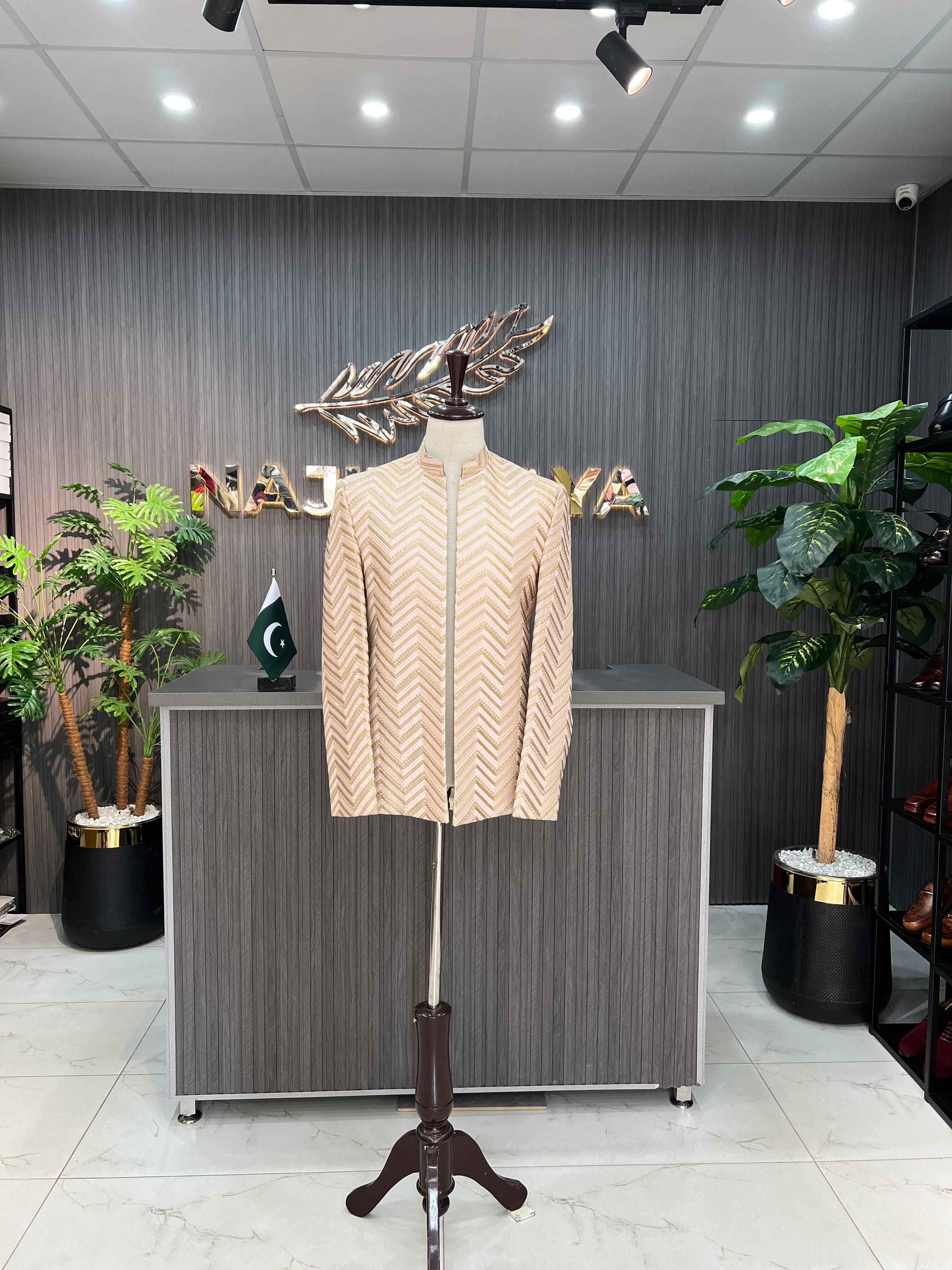 Pink & Golden Embroidery Prince Coat For Men's Main image
