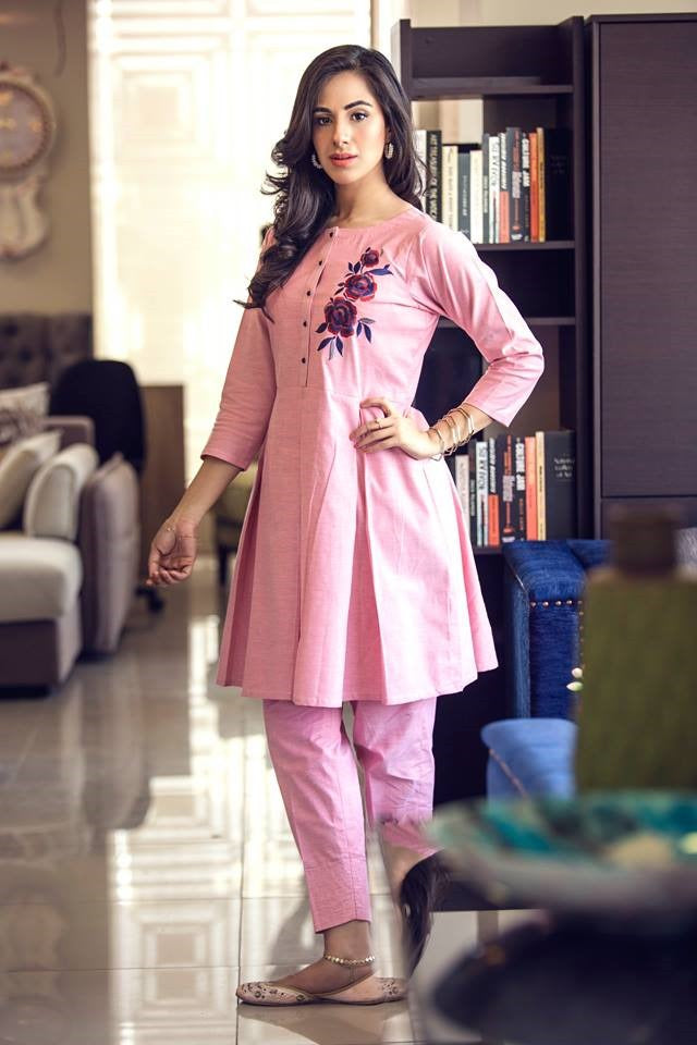 Pink Embroidered Frock For Women's
