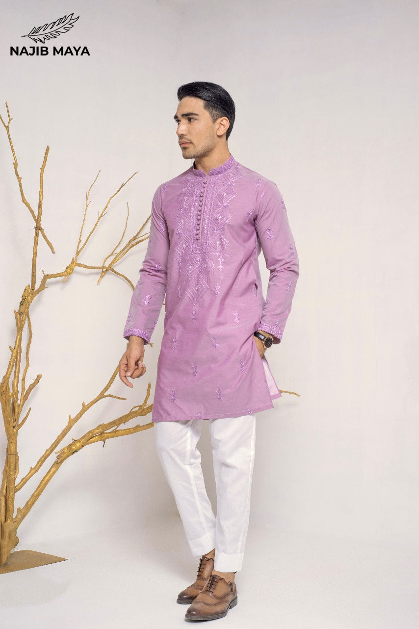 Powder Purple Stylish Embroidered Kurta Pajama For Men's