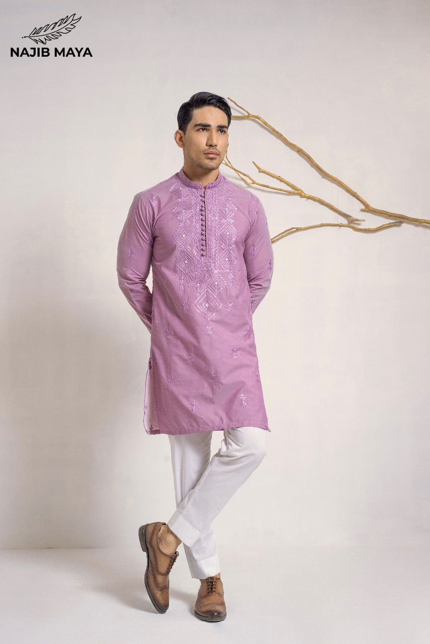 Powder Purple Stylish Embroidered Kurta Pajama For Men's Main image