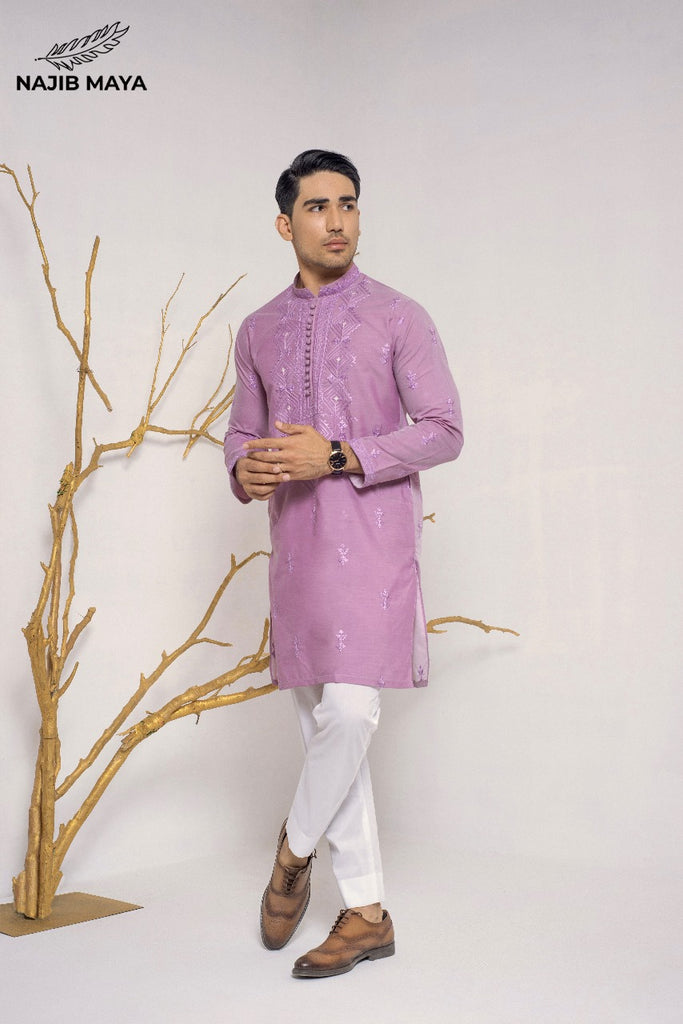 Powder Purple Stylish Embroidered Kurta Pajama For Men's