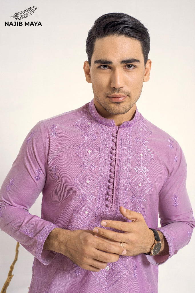 Powder Purple Stylish Embroidered Kurta Pajama For Men's