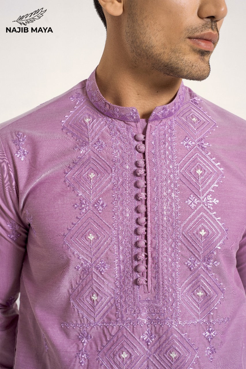 Powder Purple Stylish Embroidered Kurta Pajama For Men's Secondary image