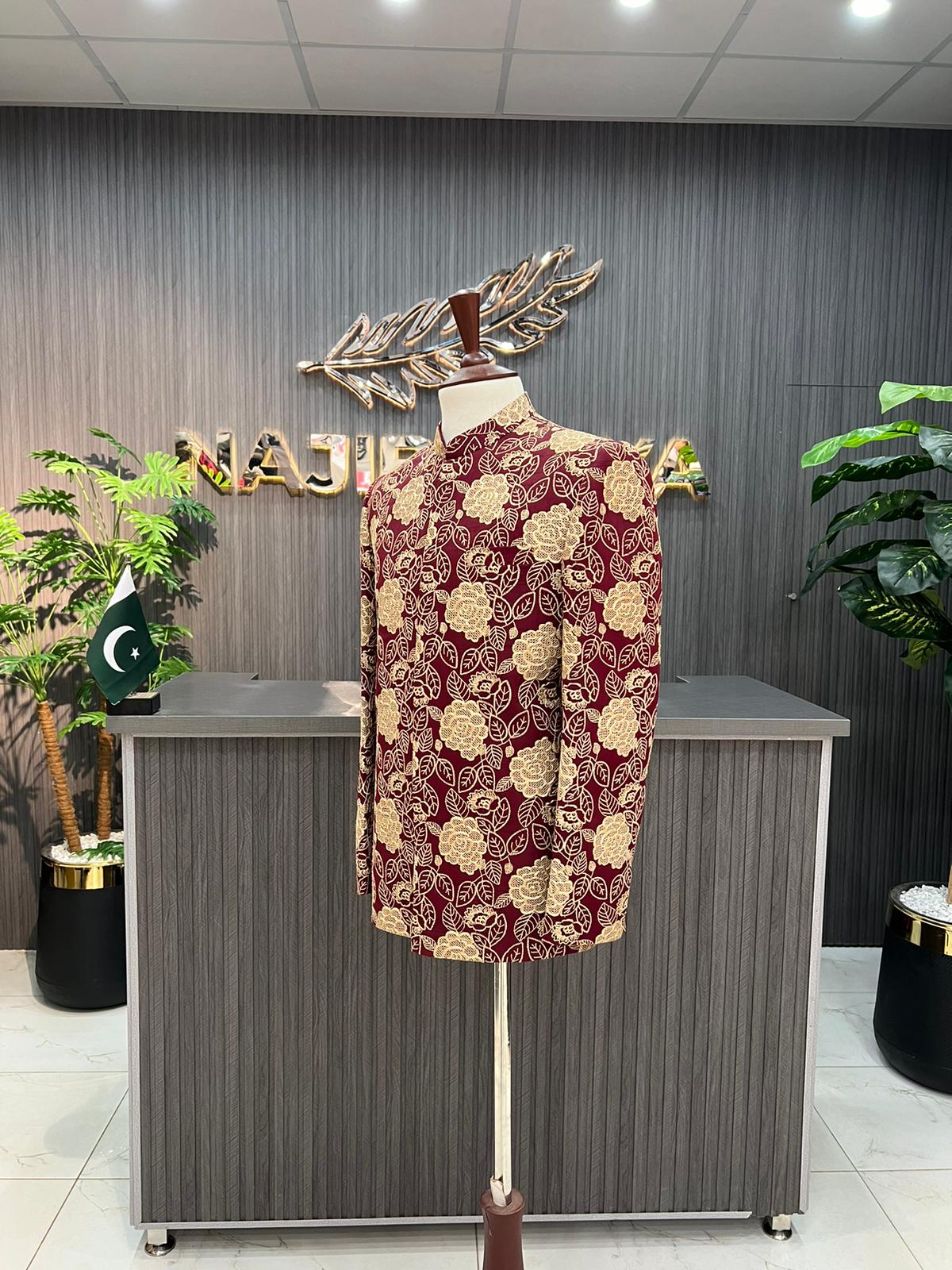 Maroon With Golden Embroidery Prince Coat For Men's