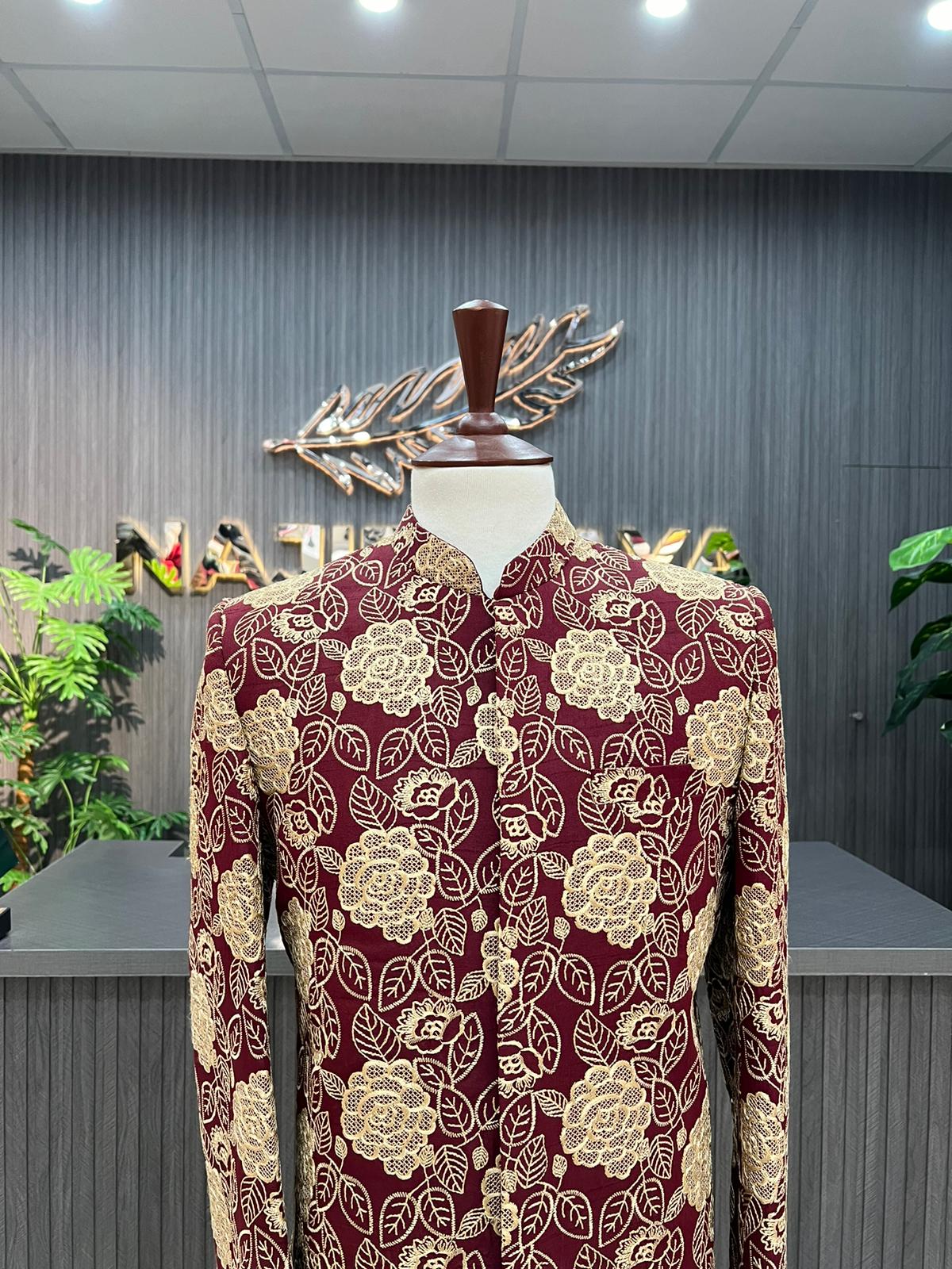 Maroon With Golden Embroidery Prince Coat For Men's