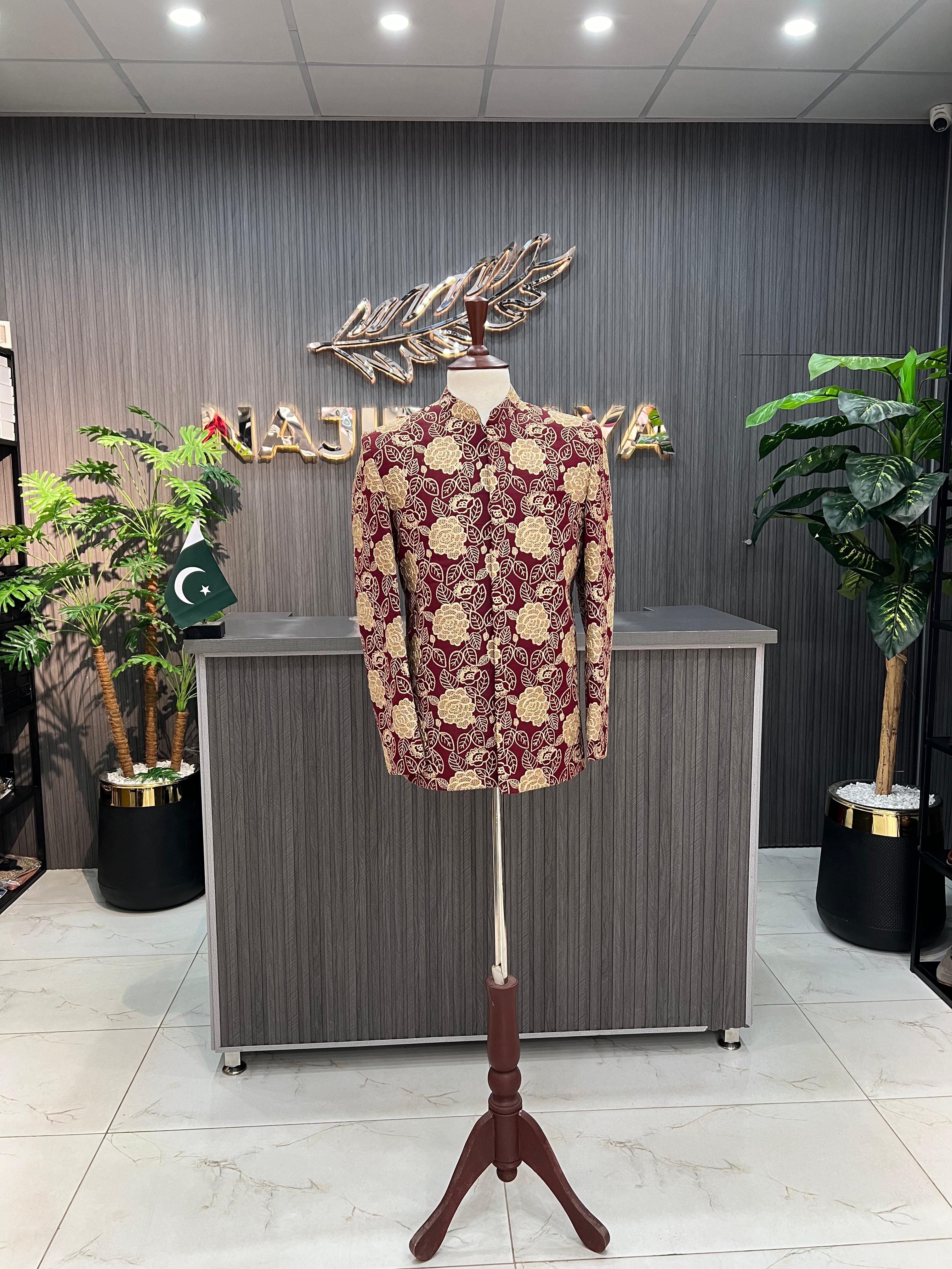 Maroon With Golden Embroidery Prince Coat For Men's Main image