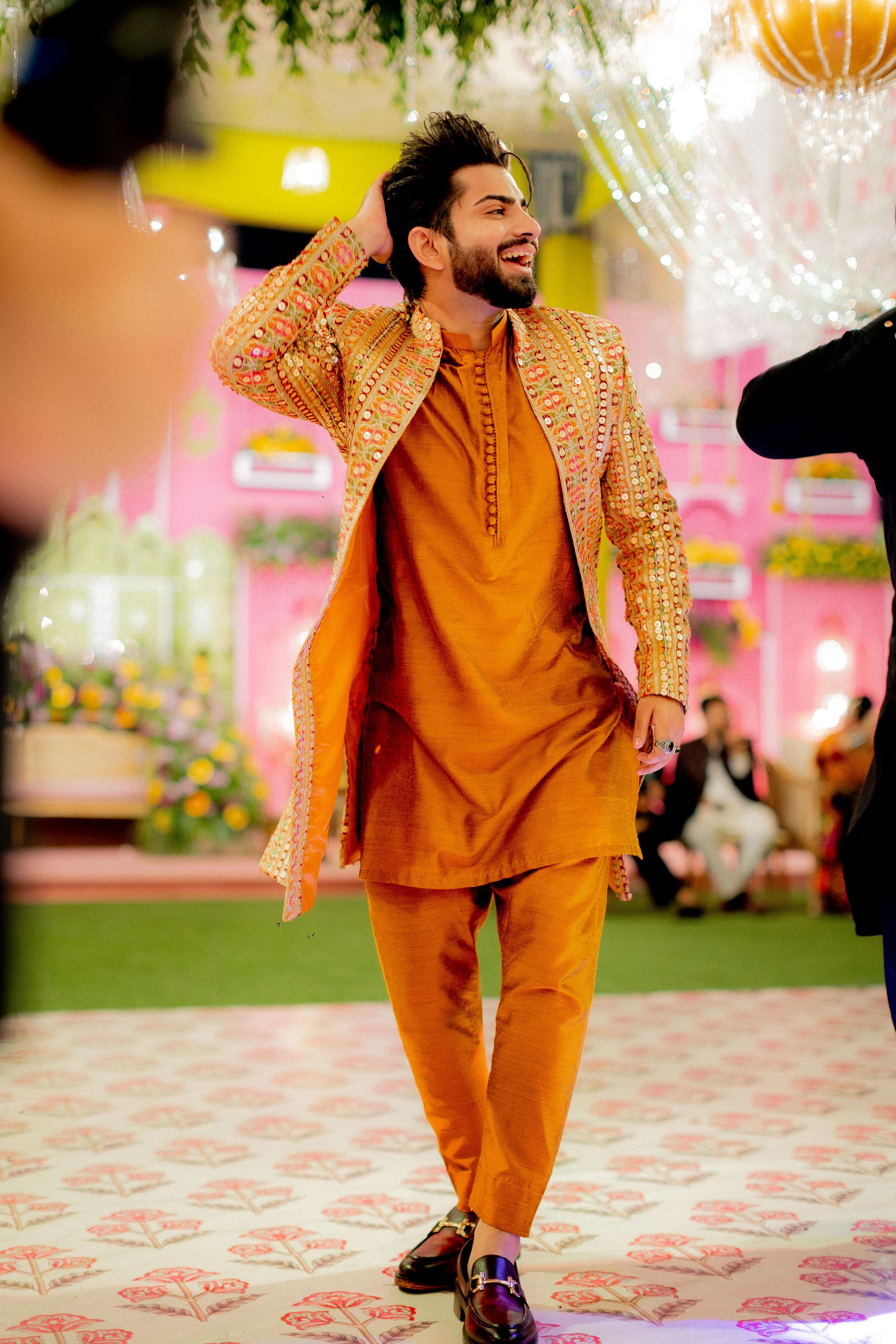 Mustard Multi Long Coat With Kurta Pajama For Men's