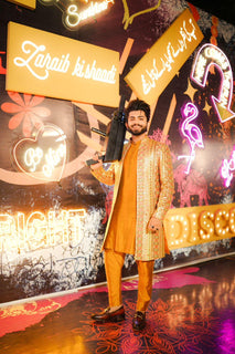 Mustard Multi Long Coat With Kurta Pajama For Men's