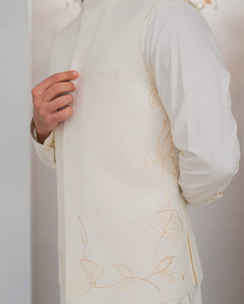 White Kurta Bell Bottom Pajama + Embroidered Waist Coat For Men's