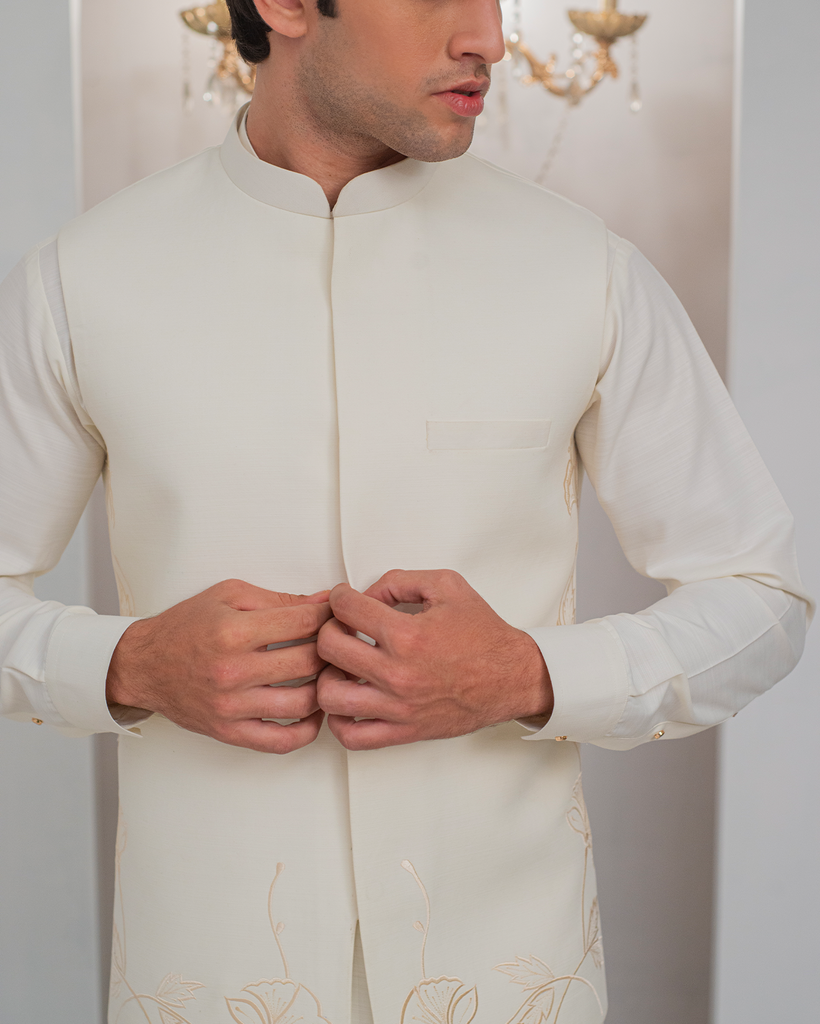 White Kurta Bell Bottom Pajama + Embroidered Waist Coat For Men's