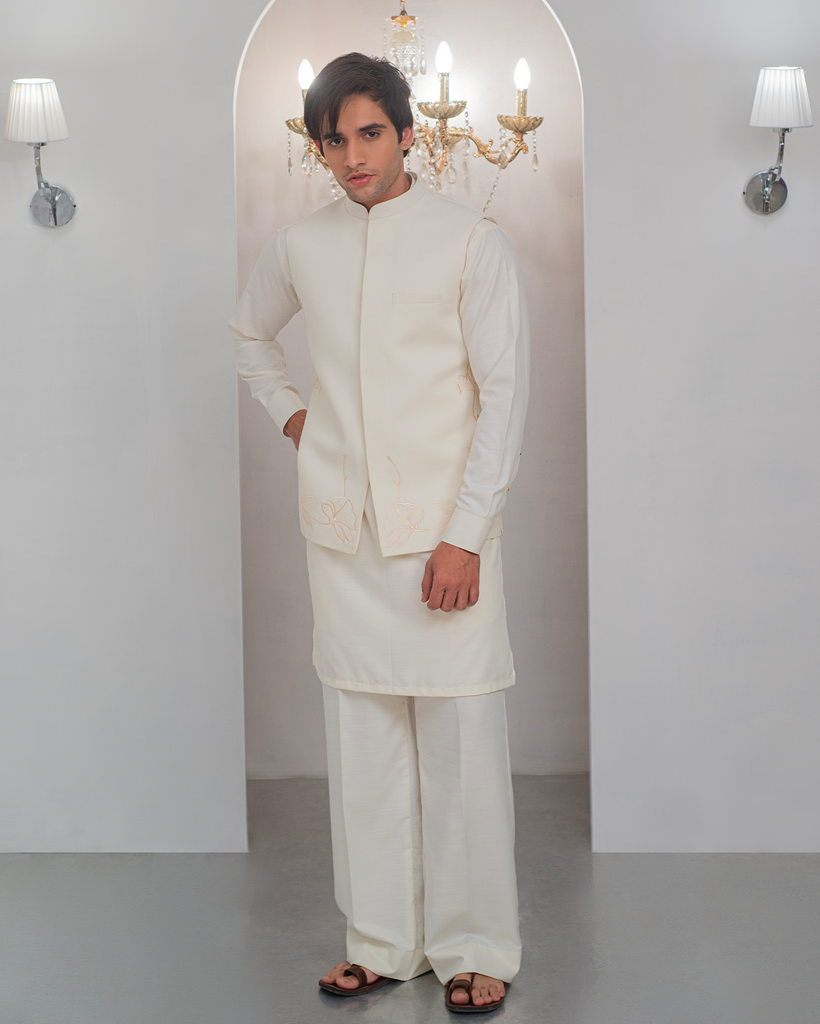 White Kurta Bell Bottom Pajama + Embroidered Waist Coat For Men's