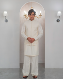 White Kurta Bell Bottom Pajama + Embroidered Waist Coat For Men's