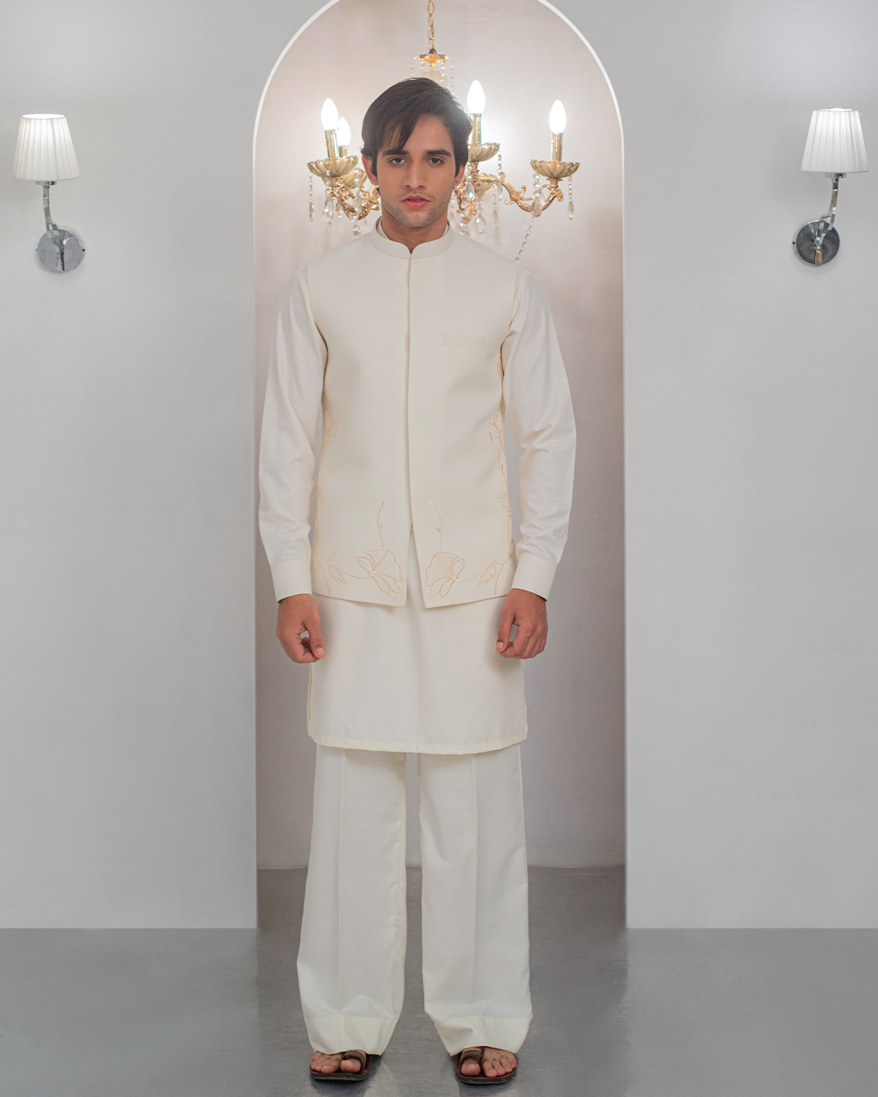 White Kurta Bell Bottom Pajama + Embroidered Waist Coat For Men's