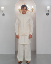 Load image into Gallery viewer, White Kurta Bell Bottom Pajama + Embroidered Waist Coat For Men's