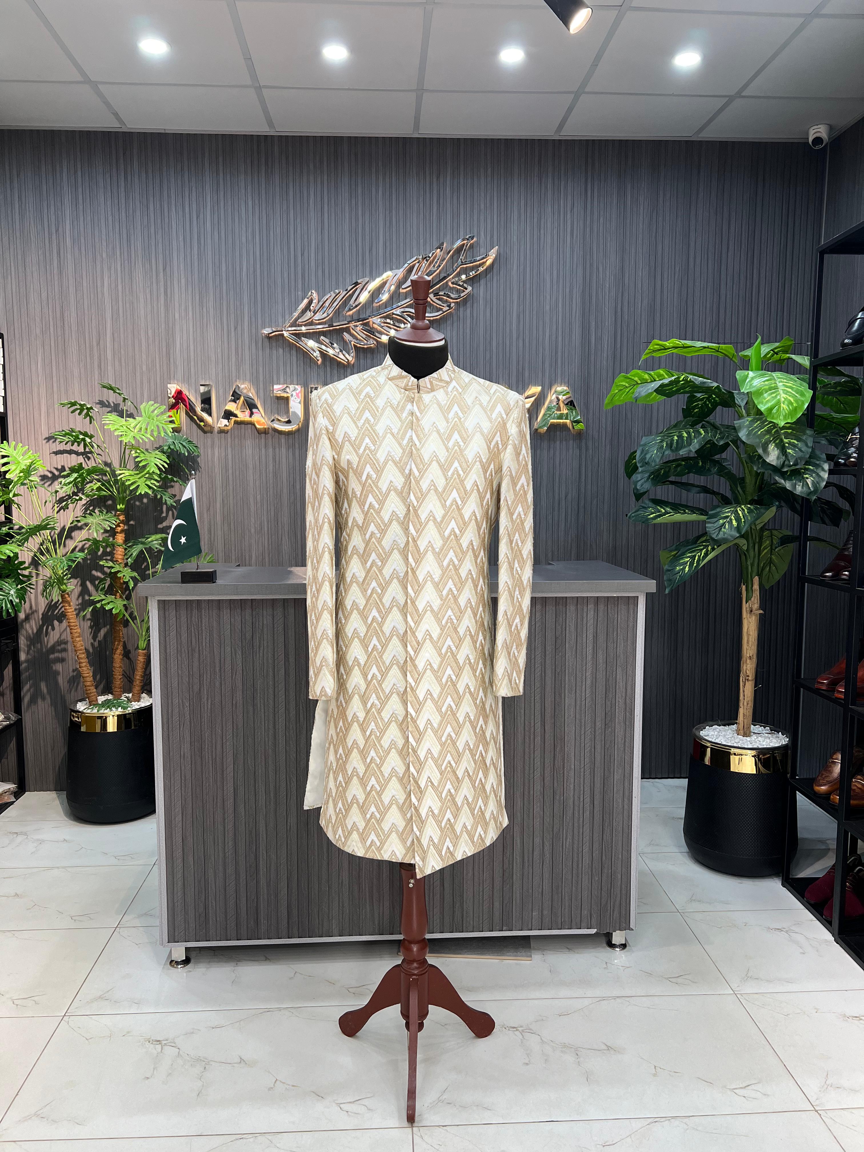 White Golden Embroidery Sherwani For Men's Main image