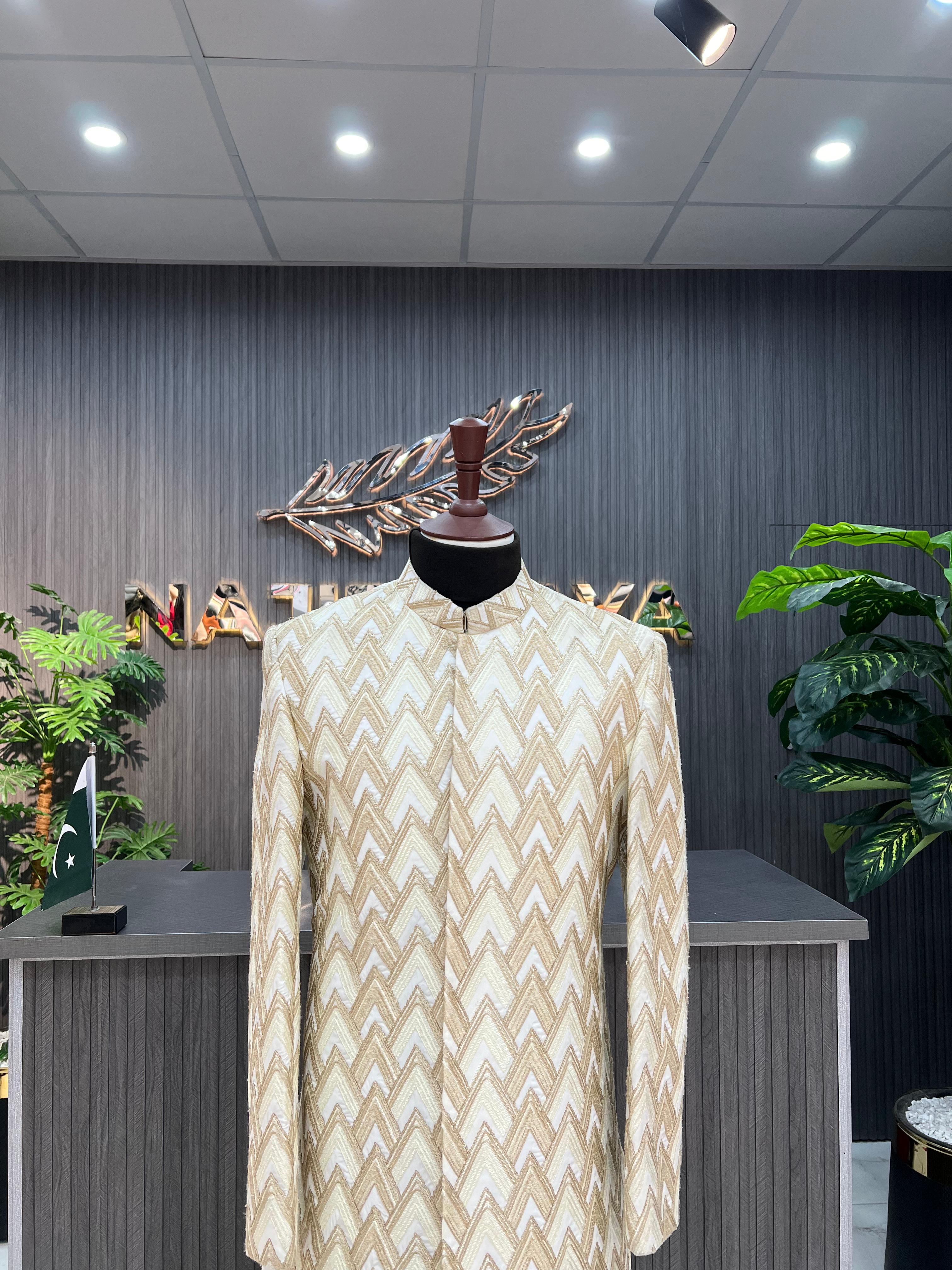 White Golden Embroidery Sherwani For Men's Secondary image