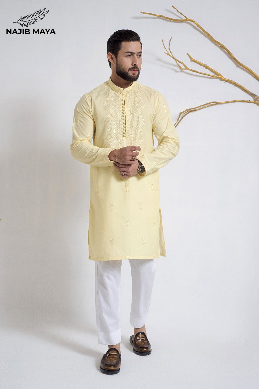 Powder Yellow Stylish Embroidered Kurta Pajama For Men's
