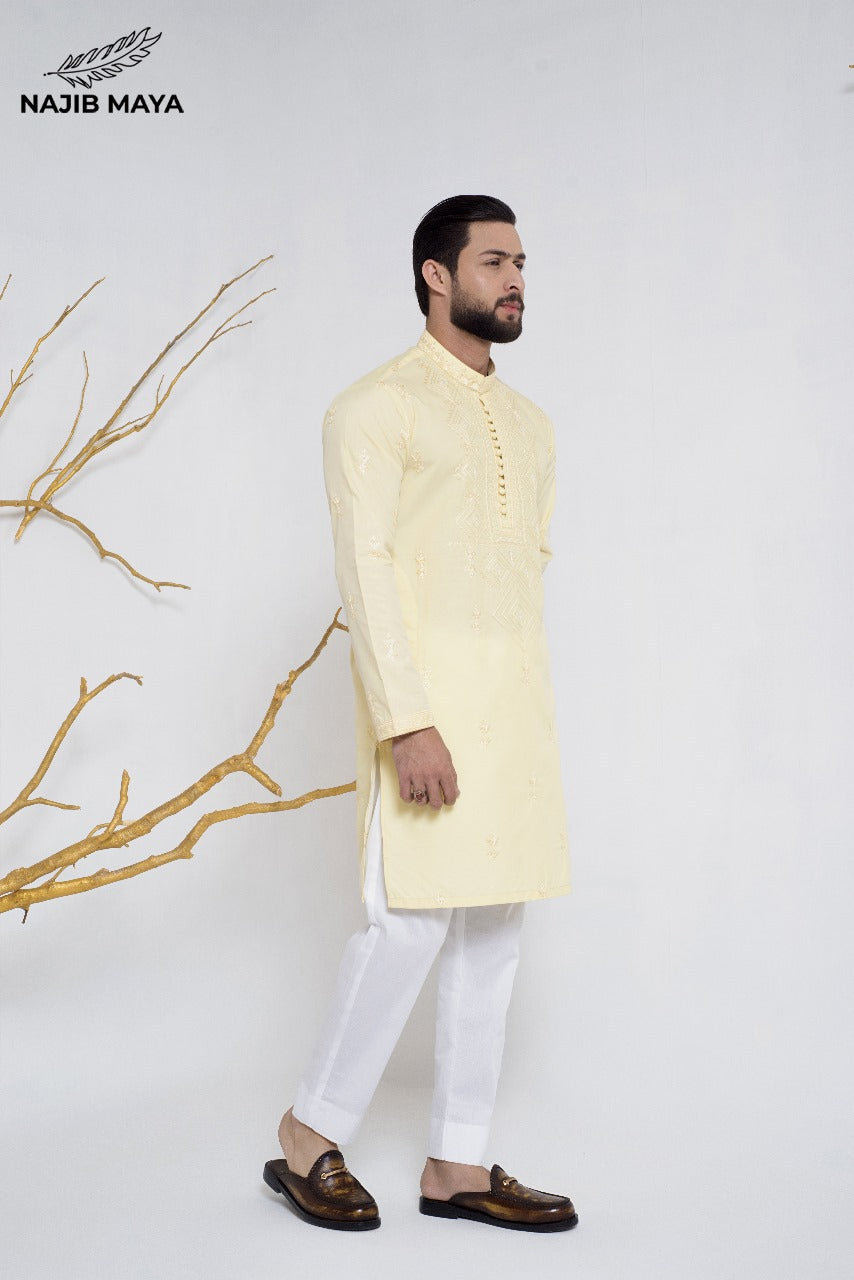 Powder Yellow Stylish Embroidered Kurta Pajama For Men's