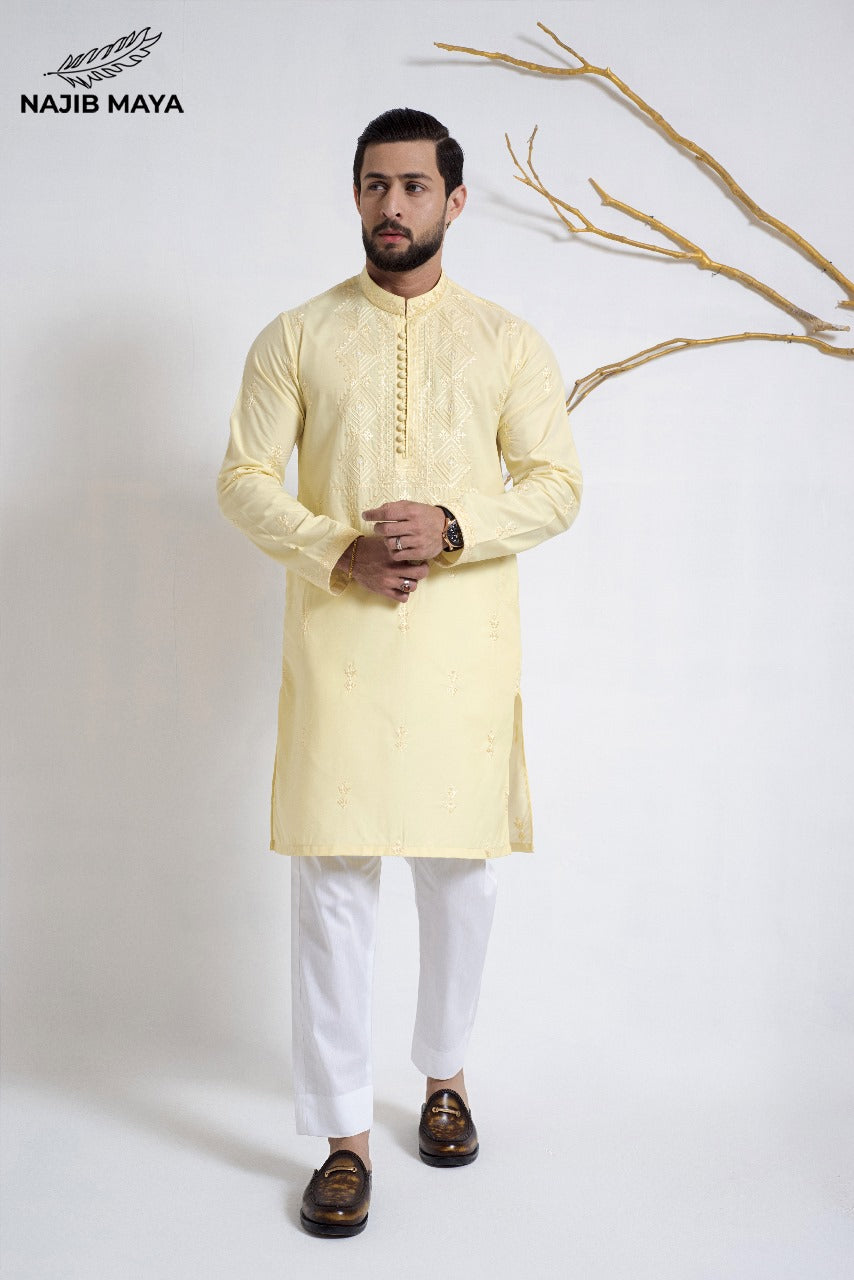 Powder Yellow Stylish Embroidered Kurta Pajama For Men's Main image