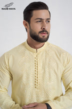 Powder Yellow Stylish Embroidered Kurta Pajama For Men's