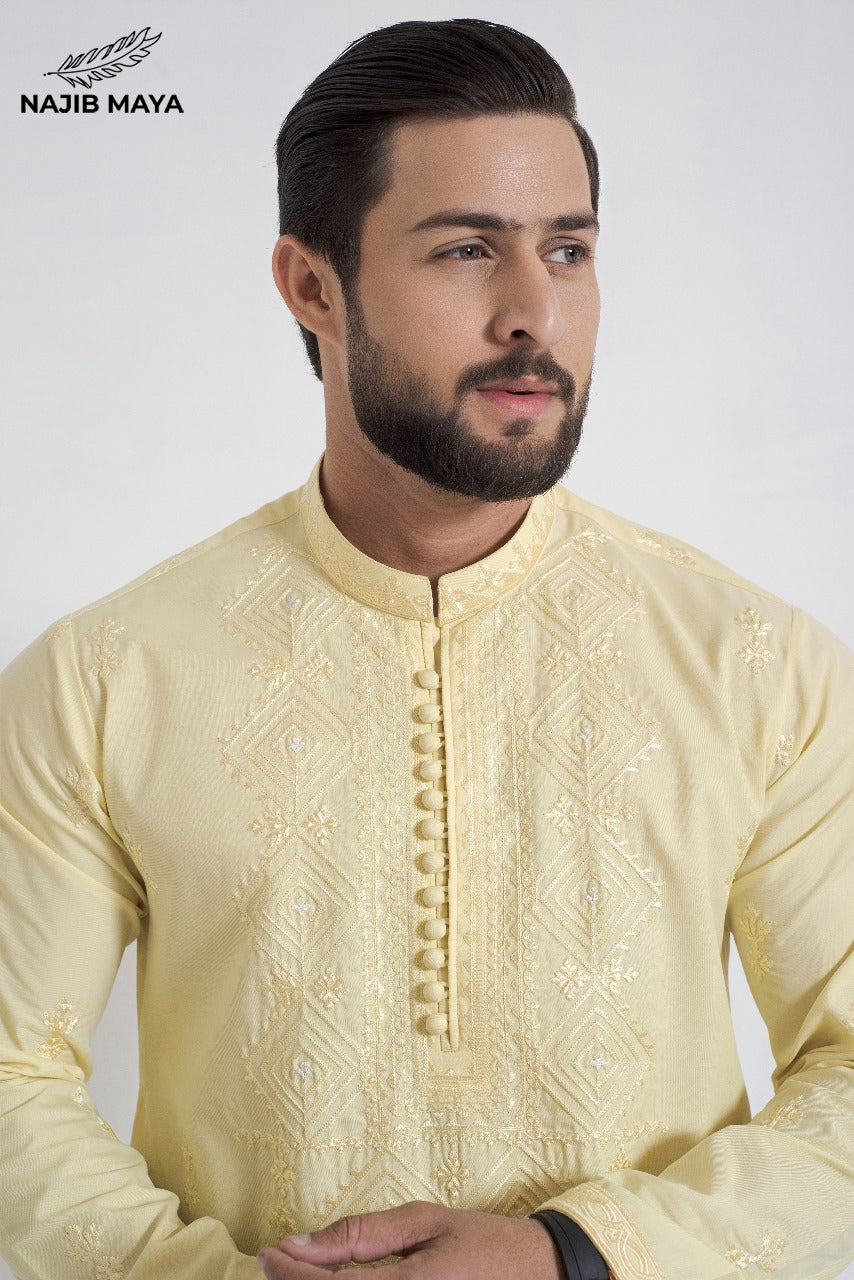 Powder Yellow Stylish Embroidered Kurta Pajama For Men's
