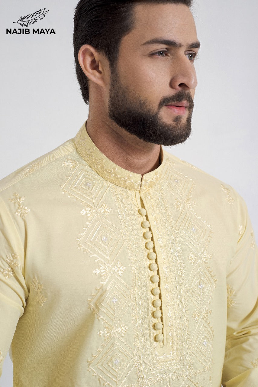 Powder Yellow Stylish Embroidered Kurta Pajama For Men's