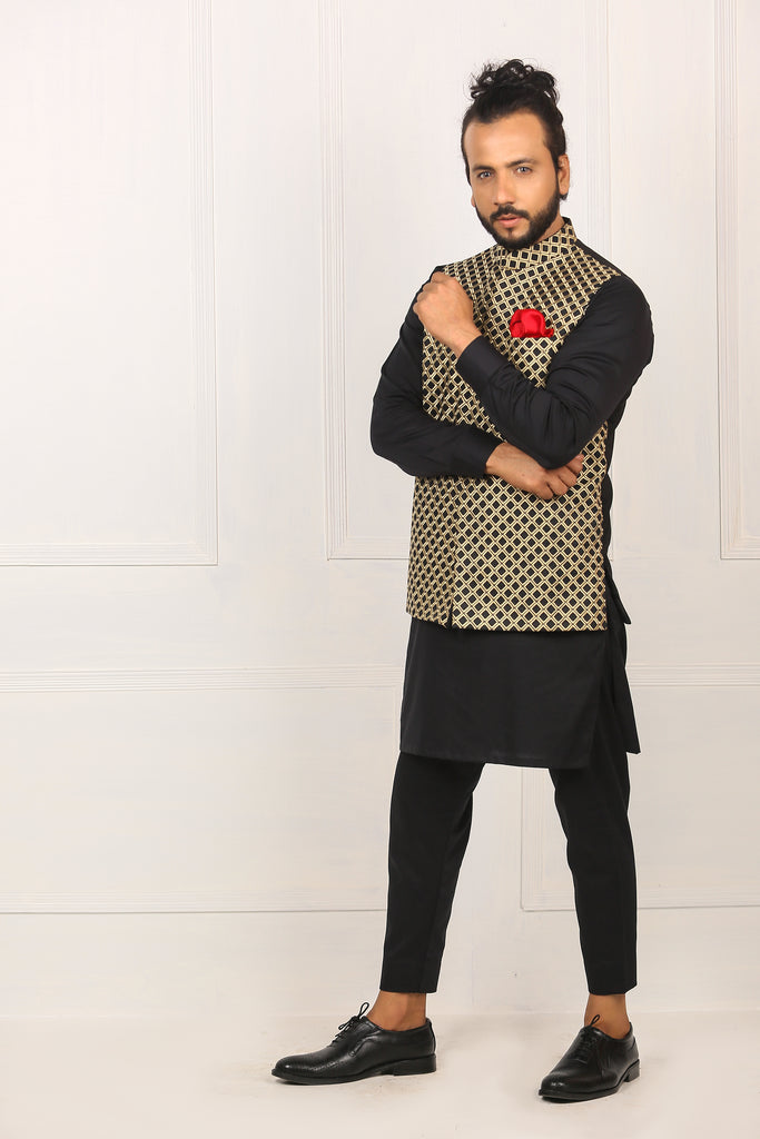 Black & Golden Embroidered Waist Coat For Men's