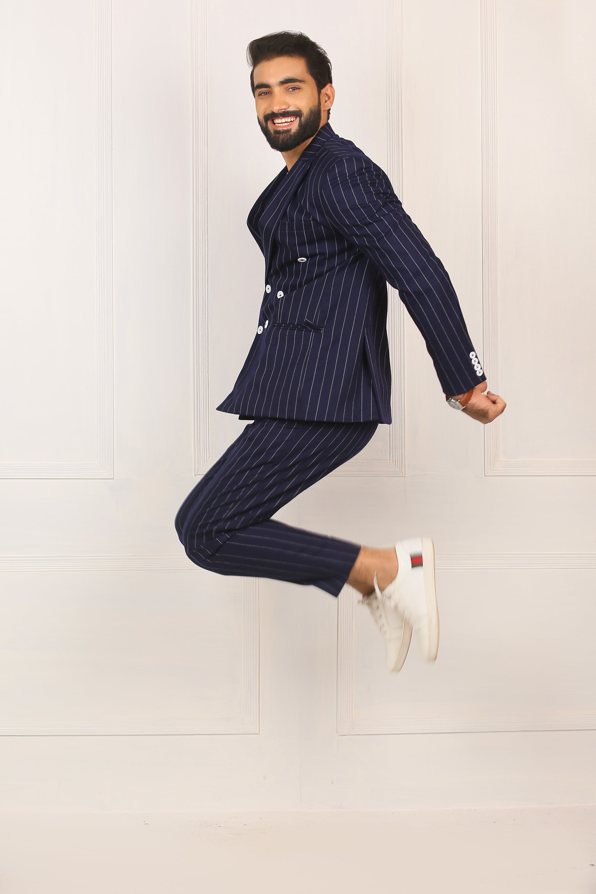 Navy Blue With White Lining Coat Pent For Men's Secondary image