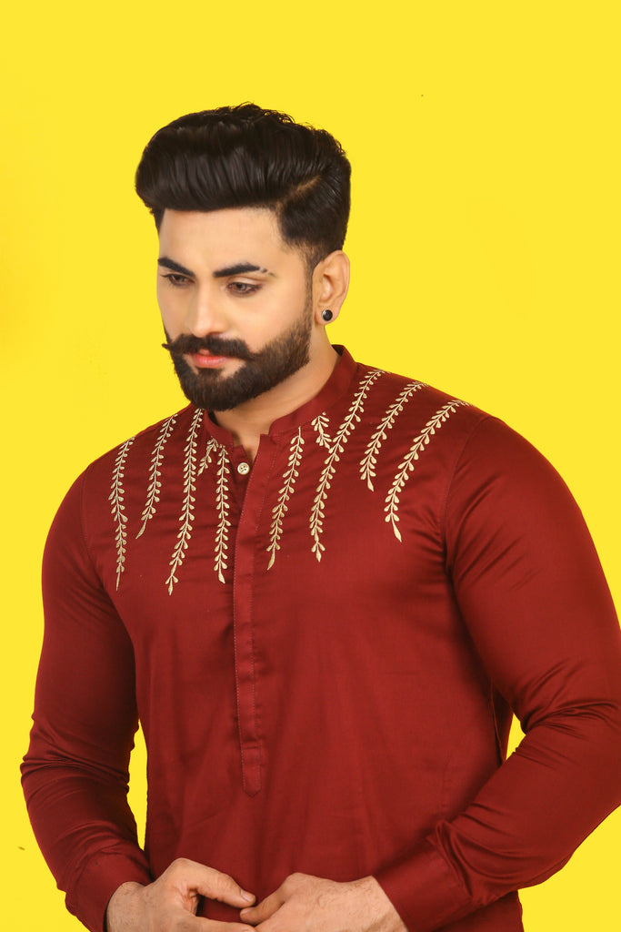 Mehroon Embroidery Kurta Pajama For Men's