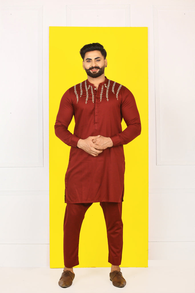 Mehroon Embroidery Kurta Pajama For Men's