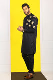 Black Front Leaf Embroidery Kurta Pajama For Men's