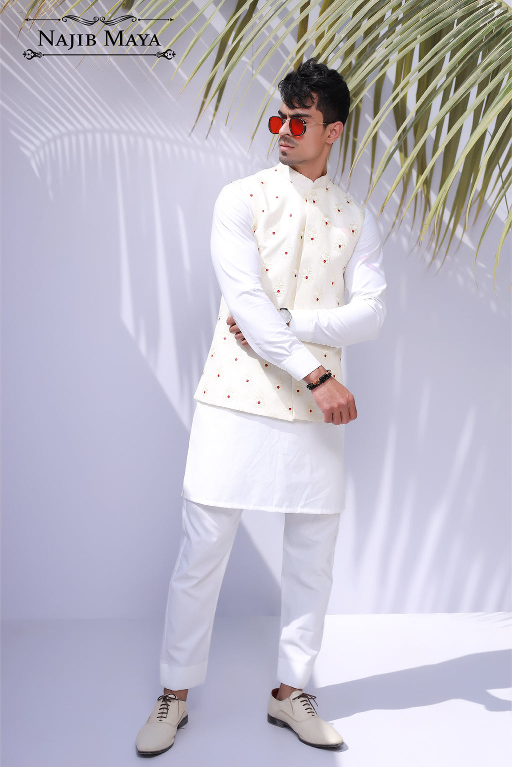 White Doted Embroidered Waist Coat For Men's