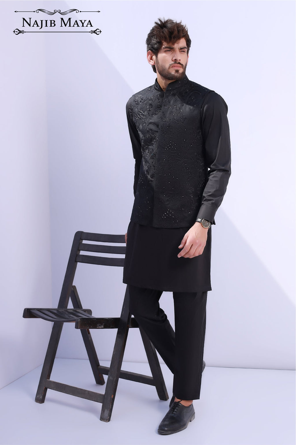 Black Embroidery Waist Coat For Men's