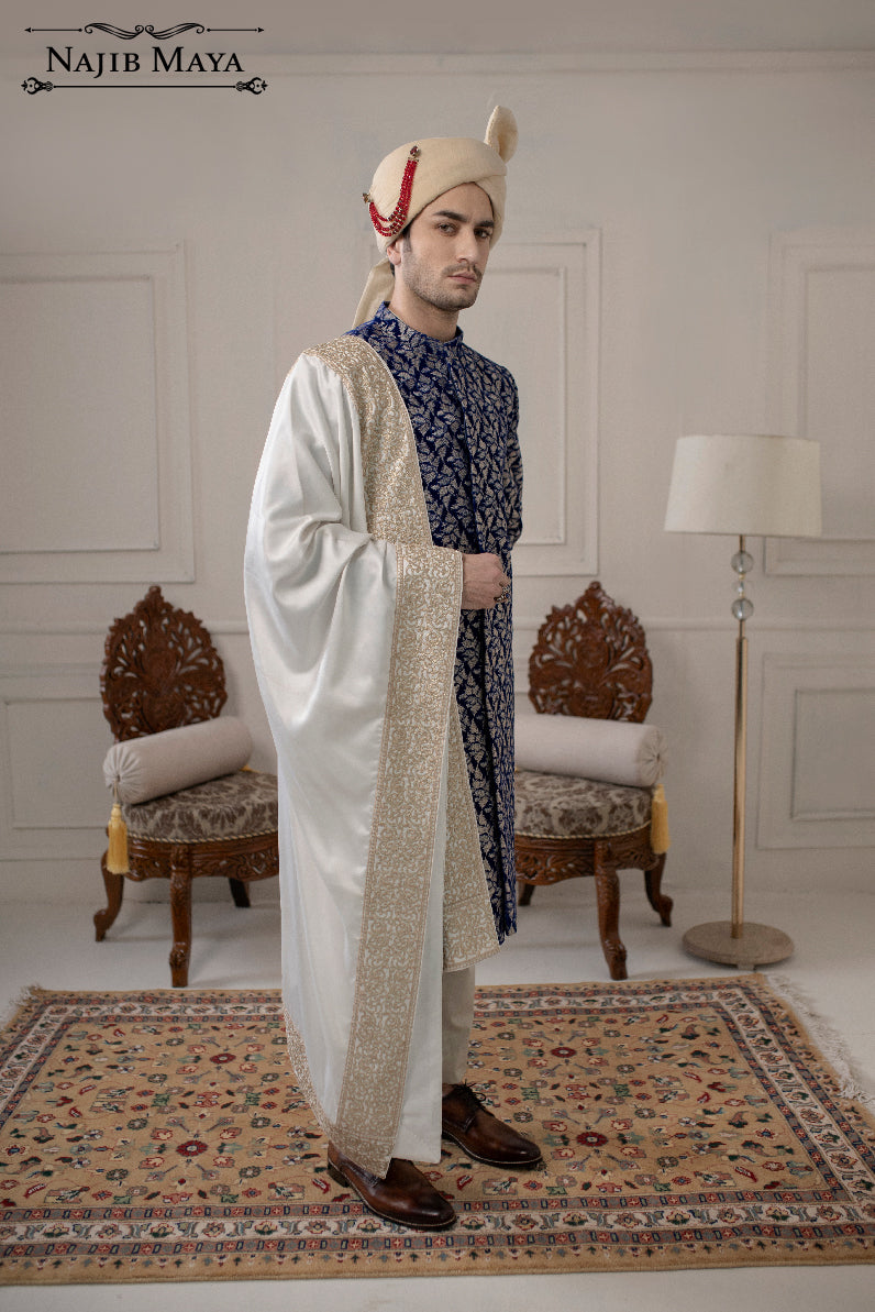 Classic Blue Velvet Embroidered Sherwani For Men's