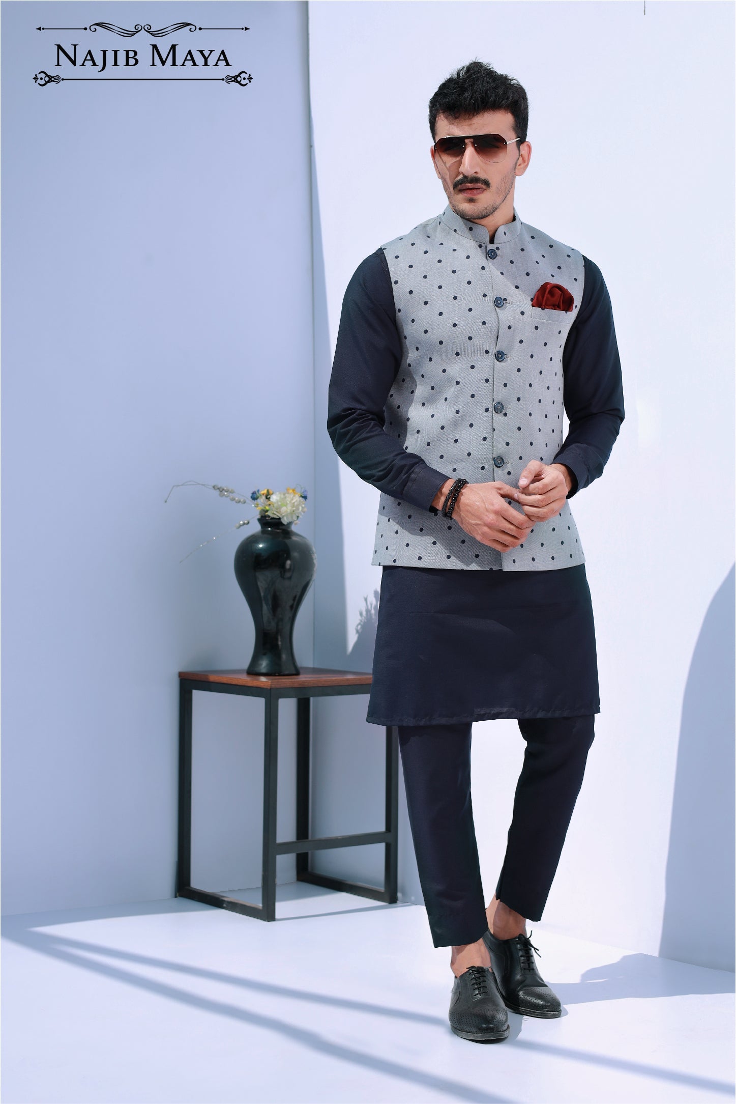 Grey With Navy Blue Dot Waist Coat For Men's Main image