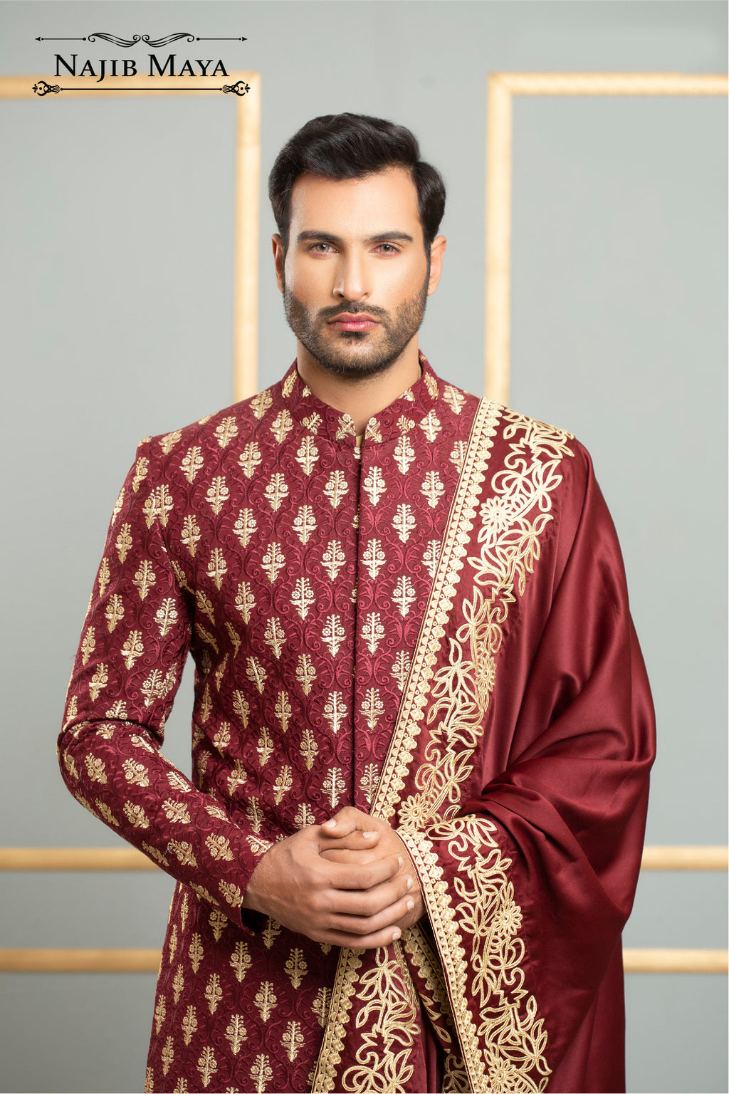 Premium Red Messori Caviar Classic Fit Sherwani For Men's