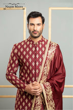 Premium Red Messori Caviar Classic Fit Sherwani For Men's
