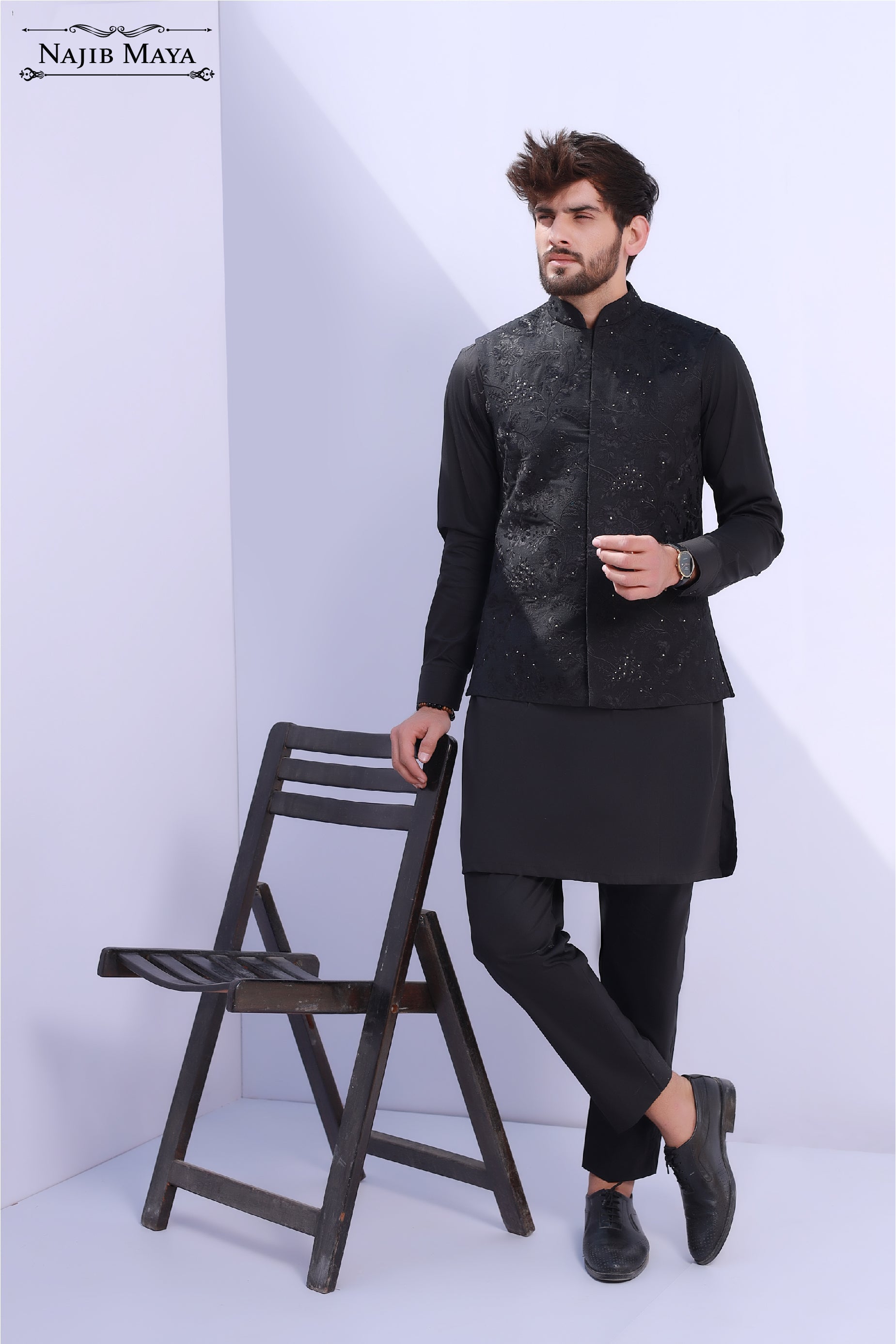 Black Embroidery Waist Coat For Men's Main image