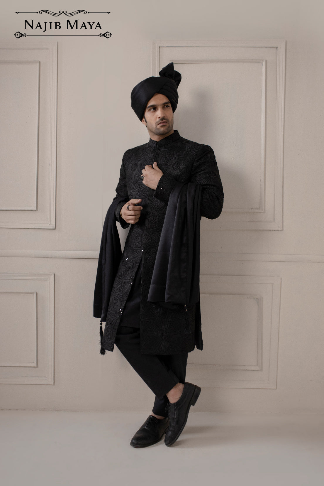 Black Dowry Embroidered Jacket Sherwani For Men's