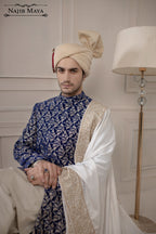 Classic Blue Velvet Embroidered Sherwani For Men's
