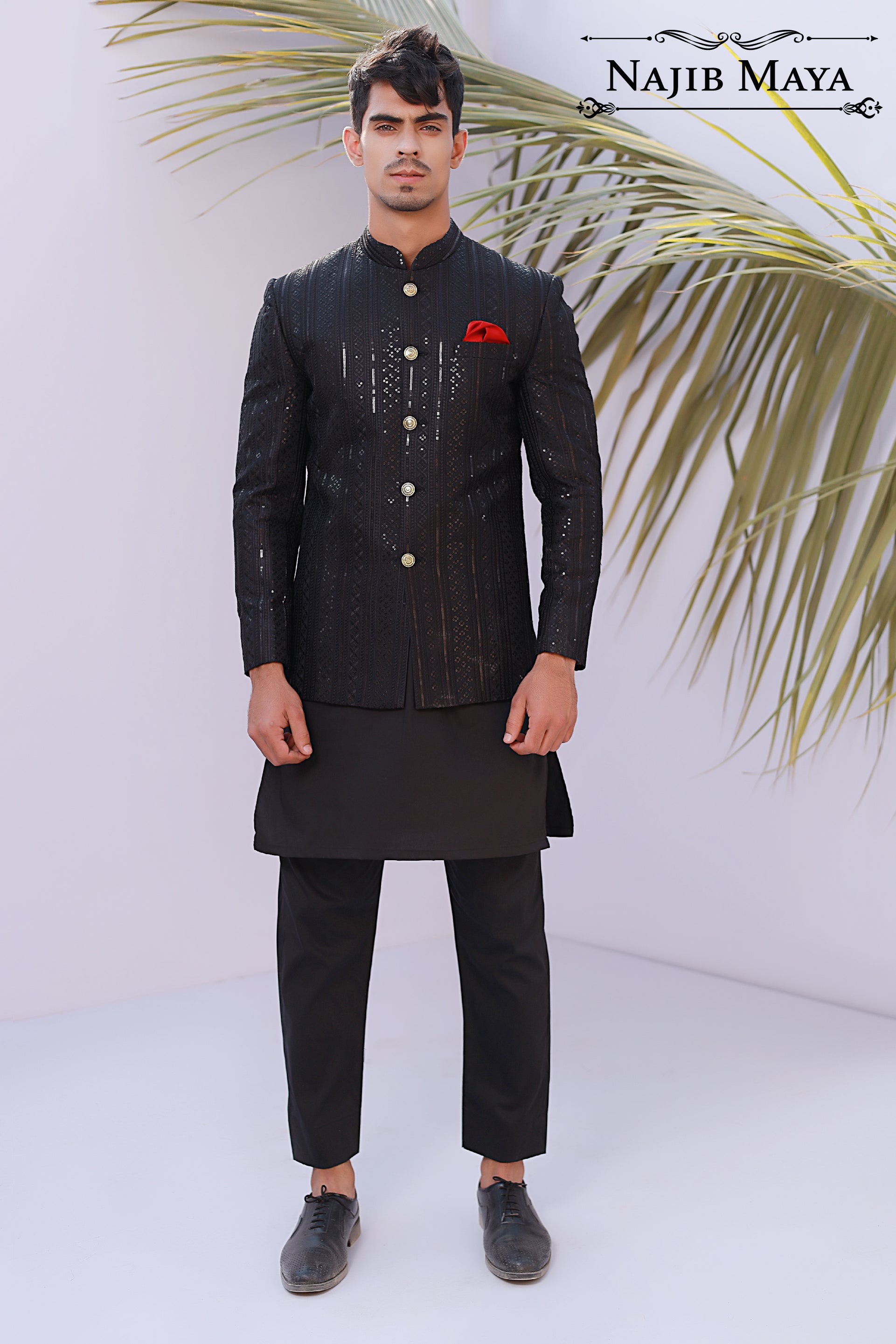 Black Stylish Sequence Embroidery Prince Coat For Men's Secondary image