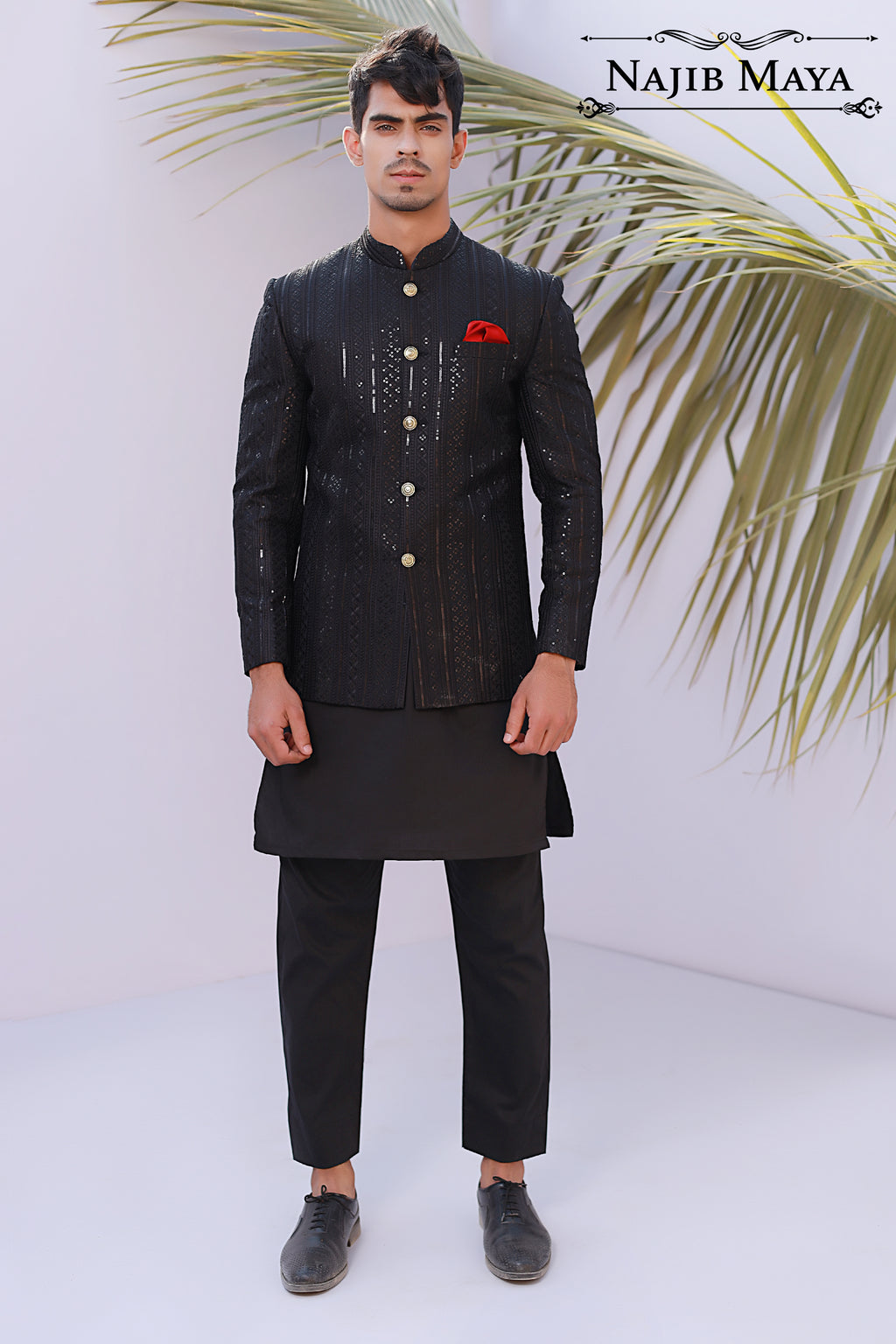 Black Stylish Sequence Embroidery Prince Coat For Men's