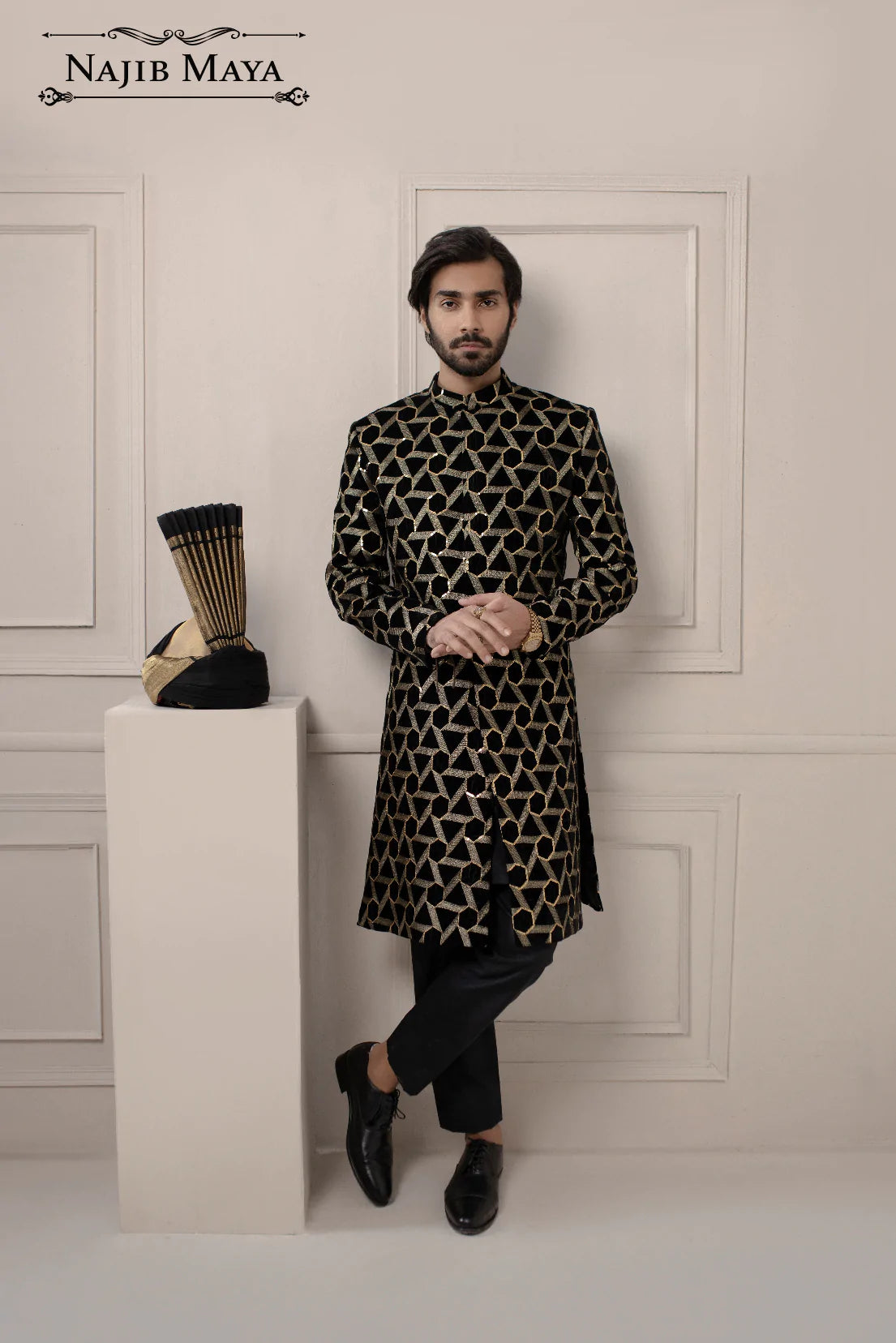 Black Trigon Embroidered Sherwani For Men's Main image