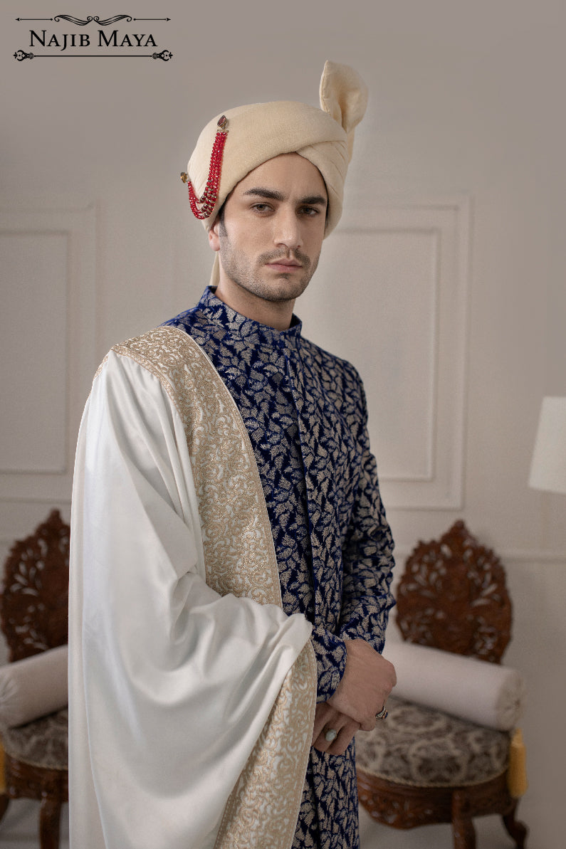 Classic Blue Velvet Embroidered Sherwani For Men's