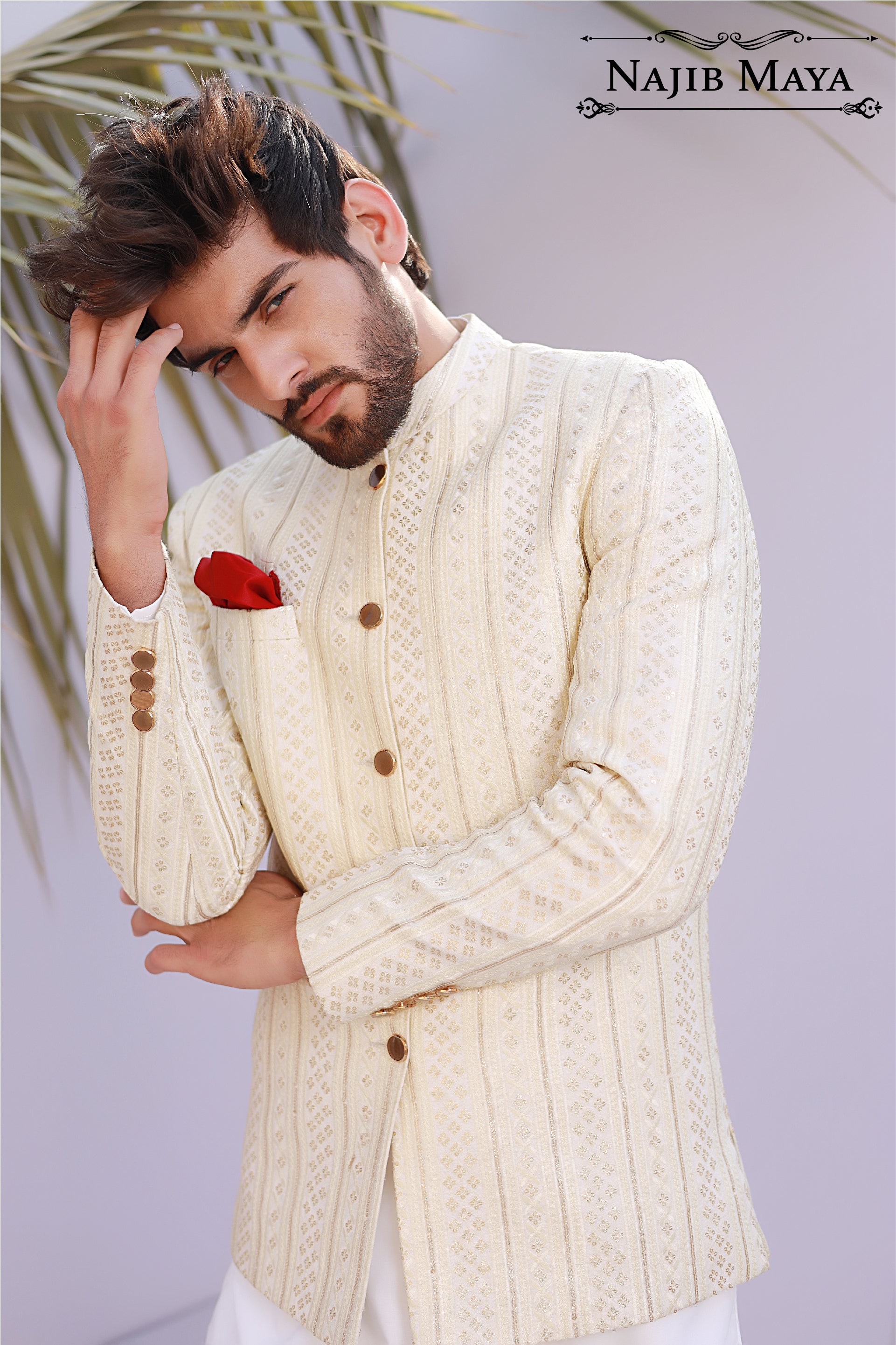 Off White Sequance Emboridery Prince Coat For Men's Secondary image