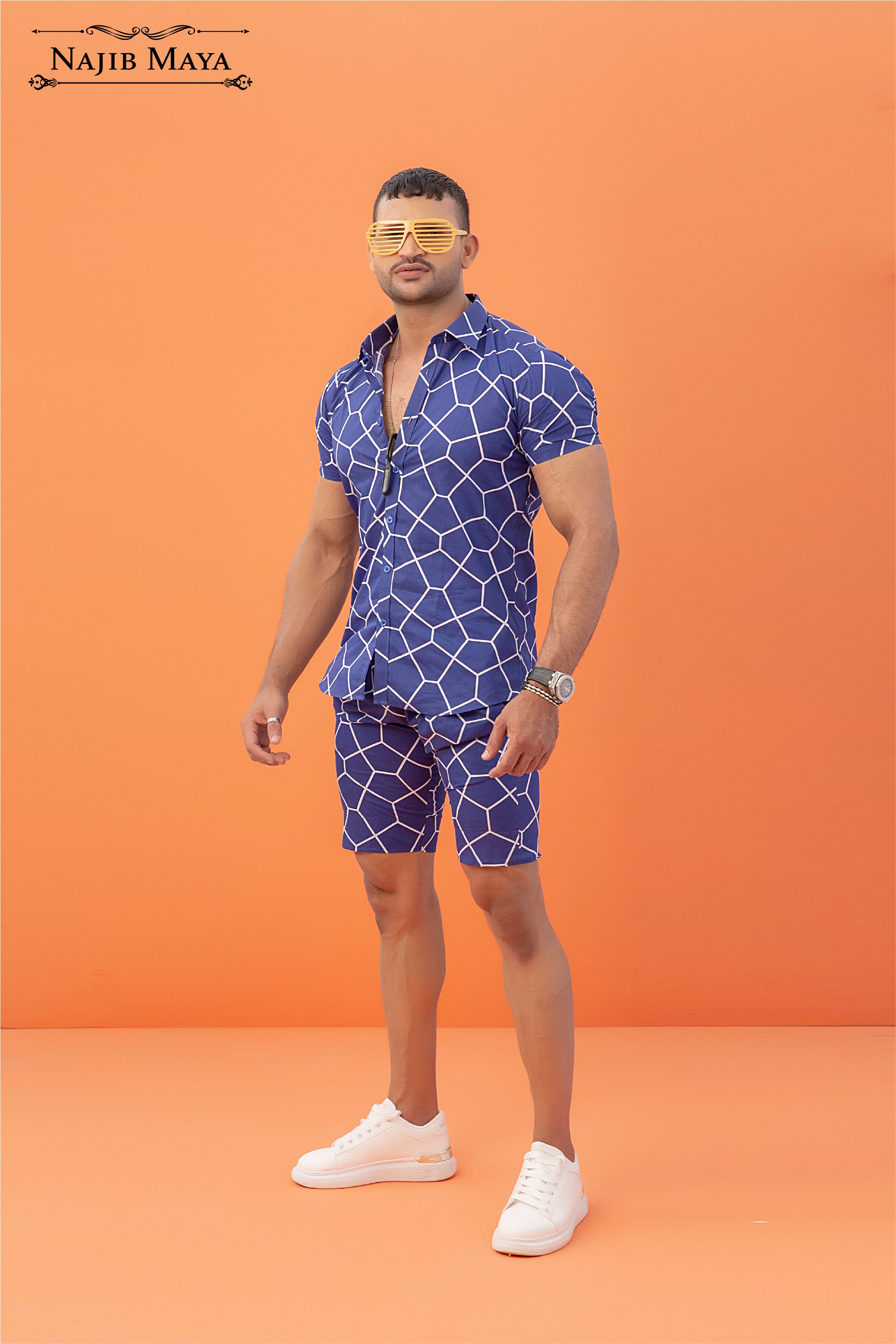 Royal Blue Printed Short & Shirt For Men's Secondary image