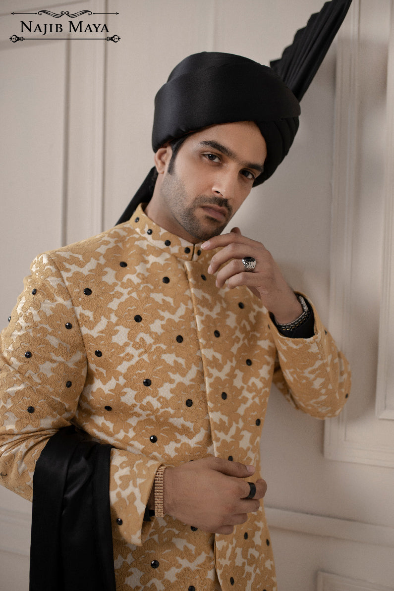Golden With Black Dotted Embroidered Sherwani For Men's Secondary image