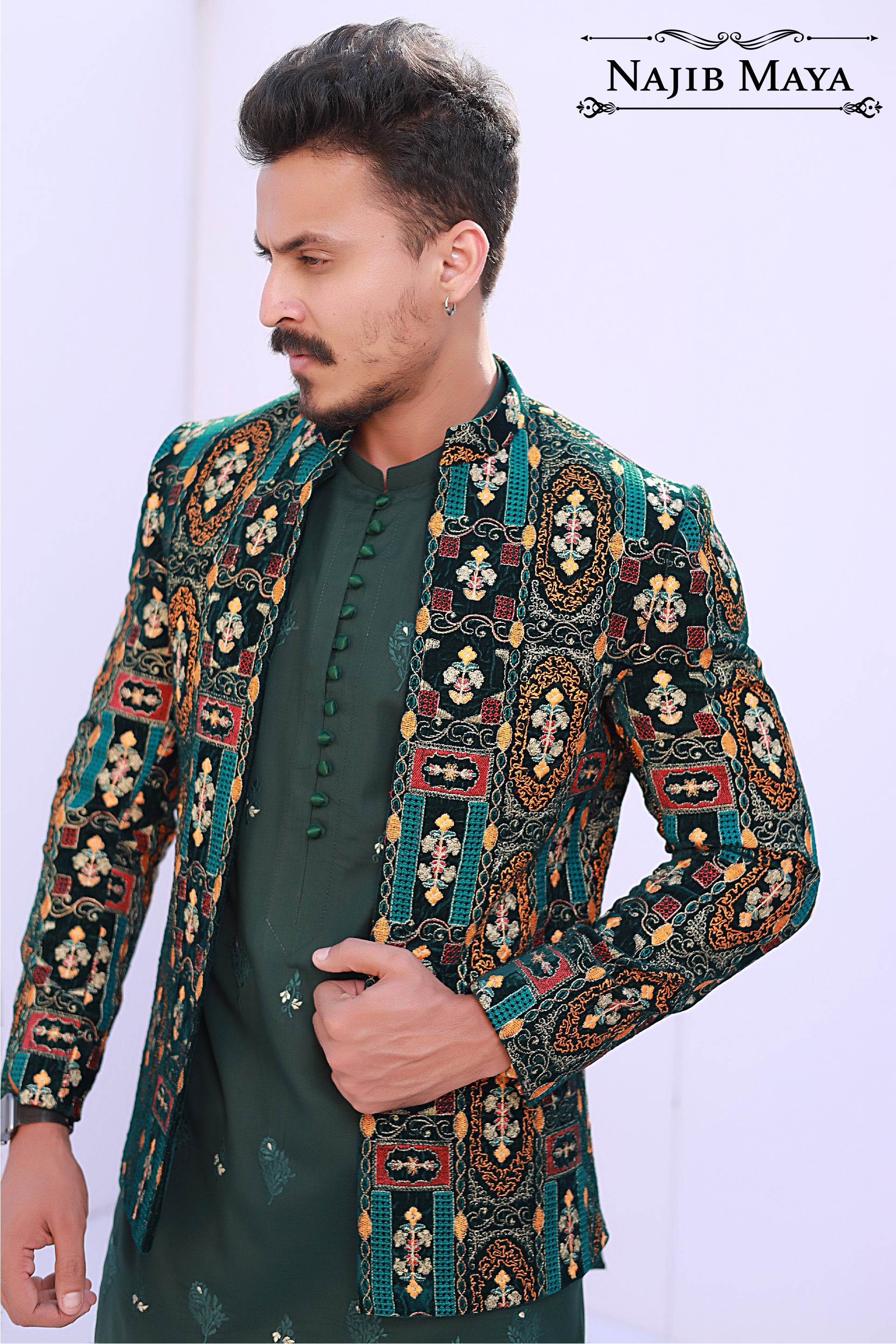 Green Multi Front Open Prince Coat For Men's Secondary image